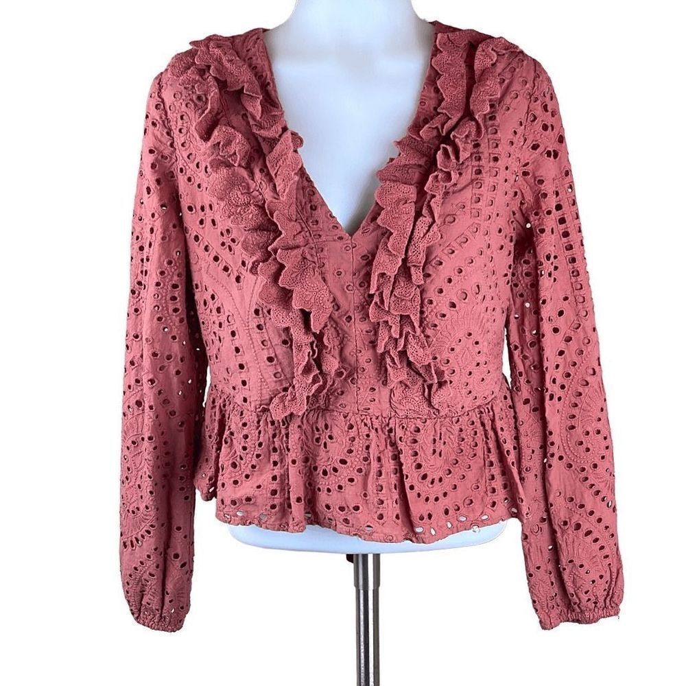 Express Blouse Womens Small Long Sleeve Ruffle V Neck Peplum Eyelet Top Pink